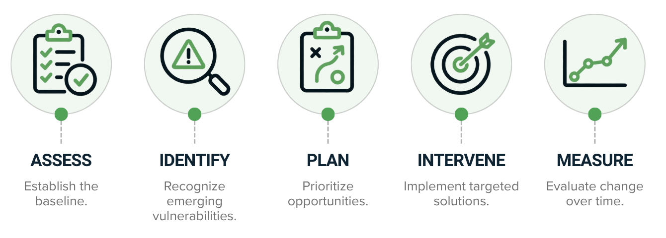 Assessment-to-action framework: assess, identify, plan, intervene, and measure