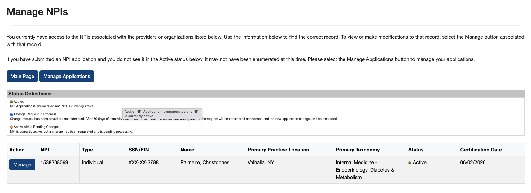 Manage NPIs — click Manage on your active NPI record