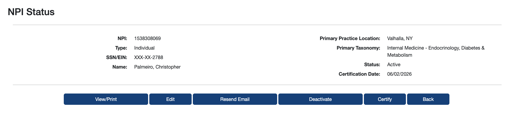 NPI Status — click Edit to update your record