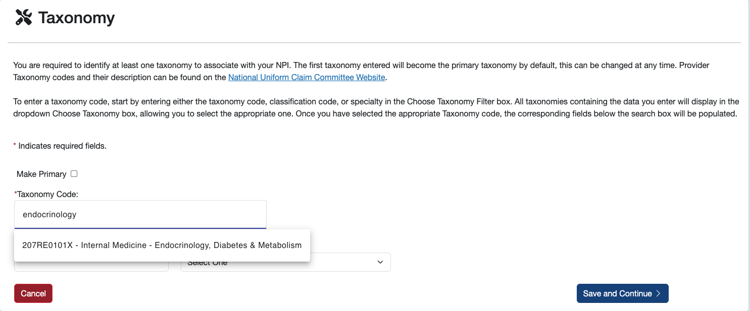 Taxonomy search — find and select your specialty code